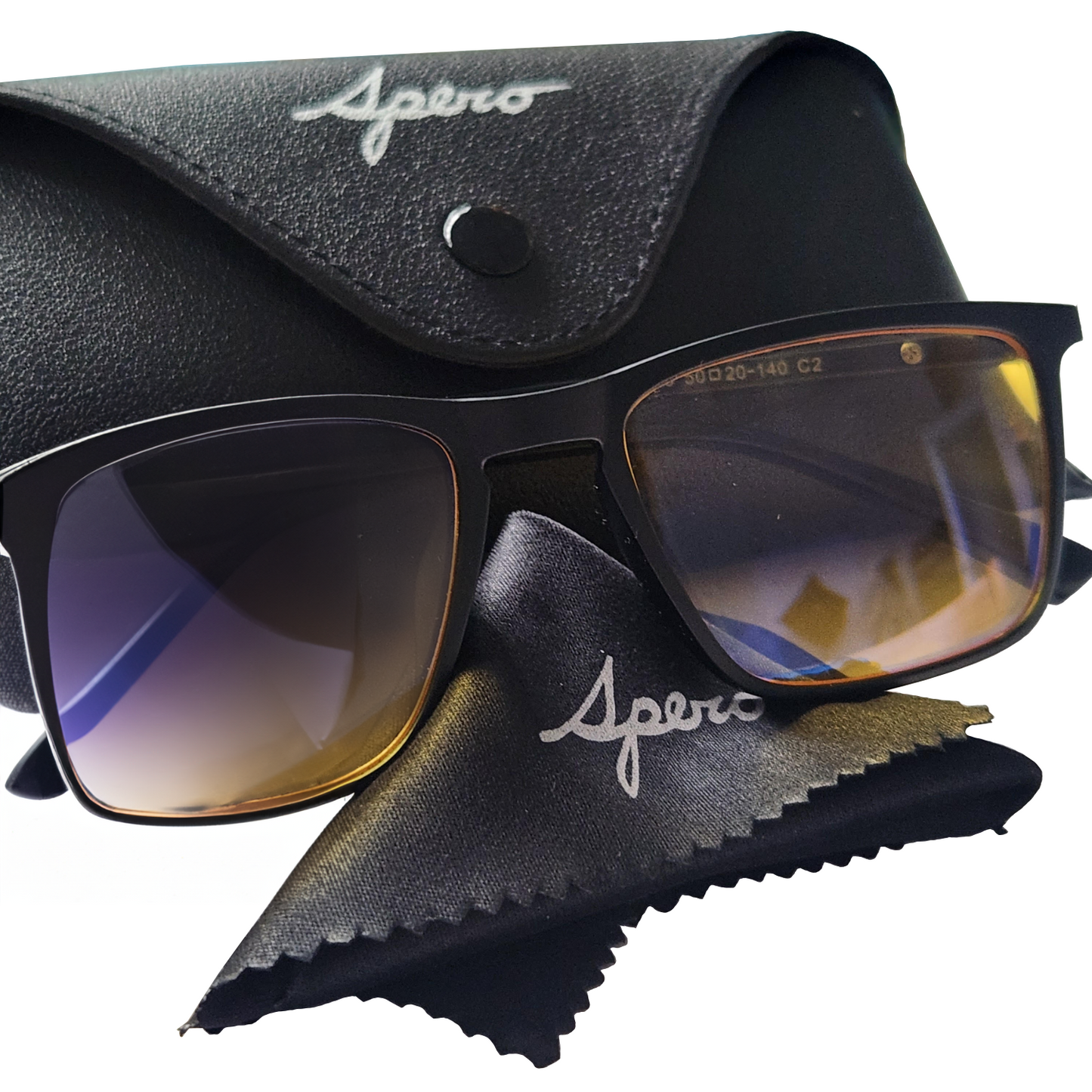 Spero blue light glasses, protective case and cleaner. Protection from blue light from screens, phones, laptops, TV and computers.